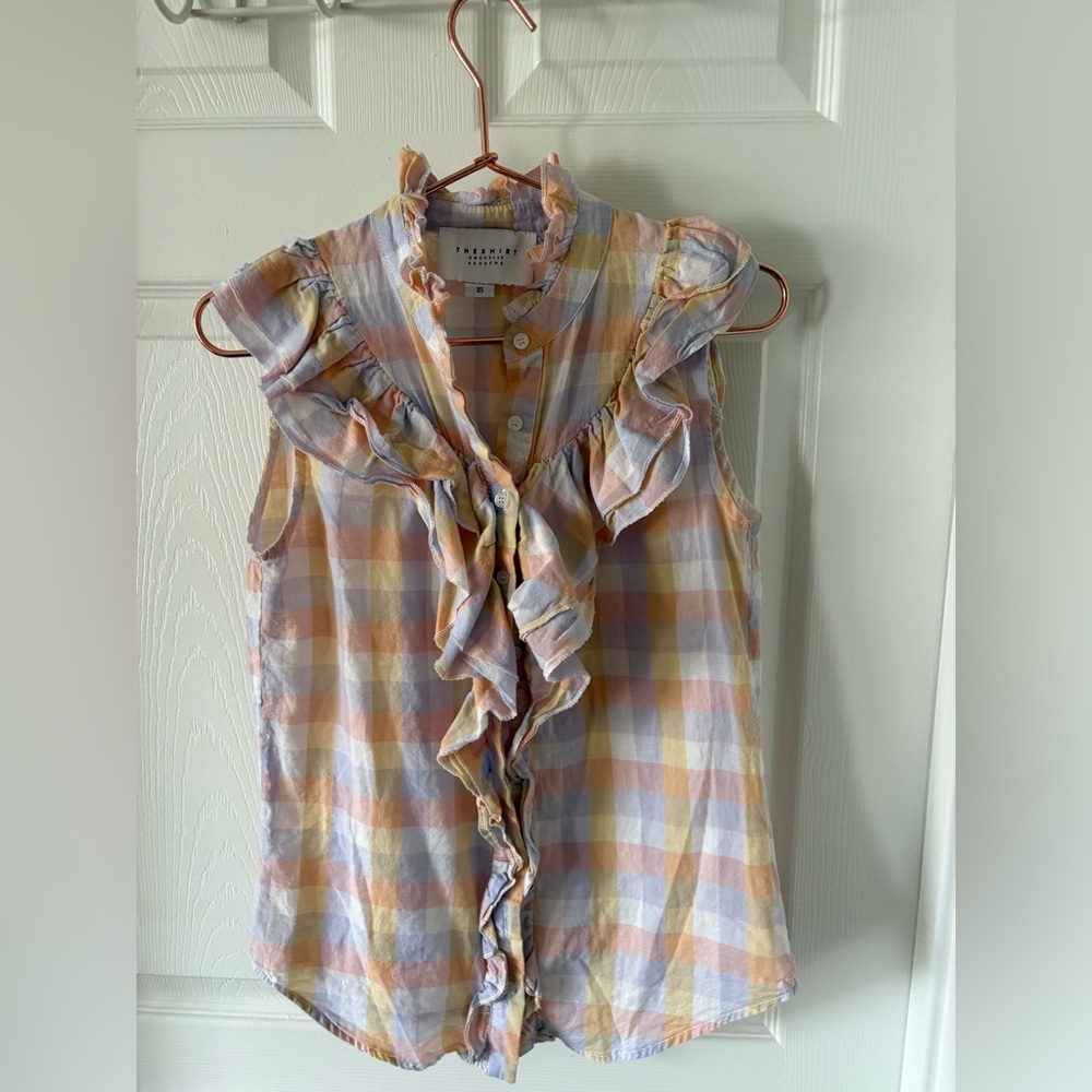 The Shirt by Rochelle Behrens Pastel Plaid Ruffle Sleeveless Blouse Size XS